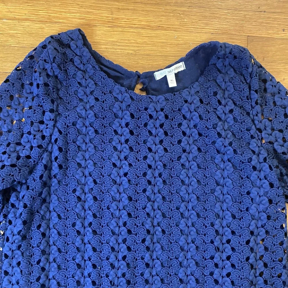 Self Esteem Shirt Womens XL Navy Crochet Lace Long Sleeve Scalloped Hem Lined